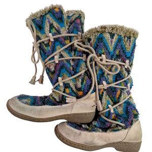 Sam Edelman Boho Geometric Pattern Faux Fur Lined‎ Lace-Up Boots Women's 6 READ